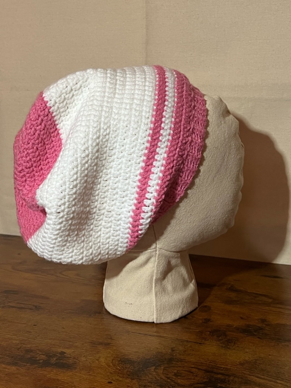 Handmade Crochet Rasta Tam Hat | Slouchy Beanie for Locs | Pink & White